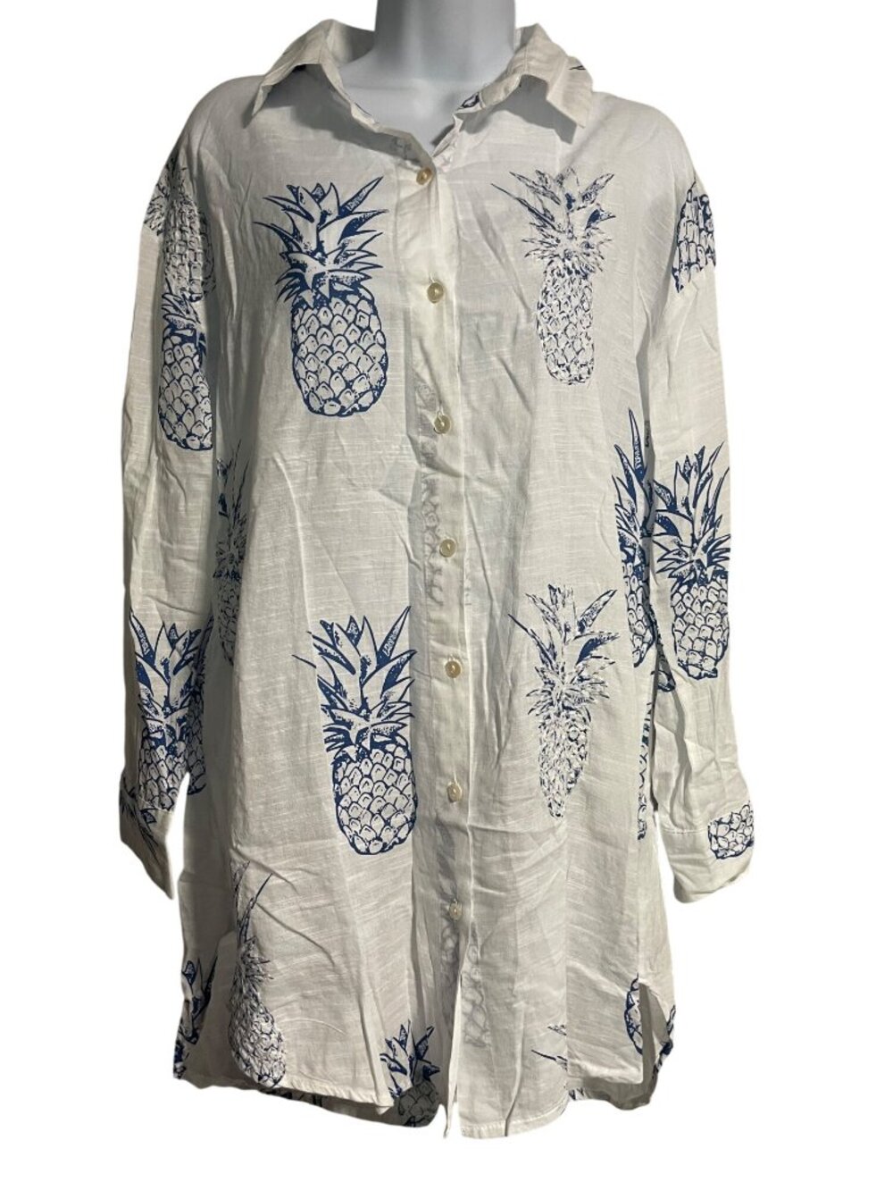Blue Island Cotton Pineapple Beach Coverup Tunic Womens XS White Blue Coastal
